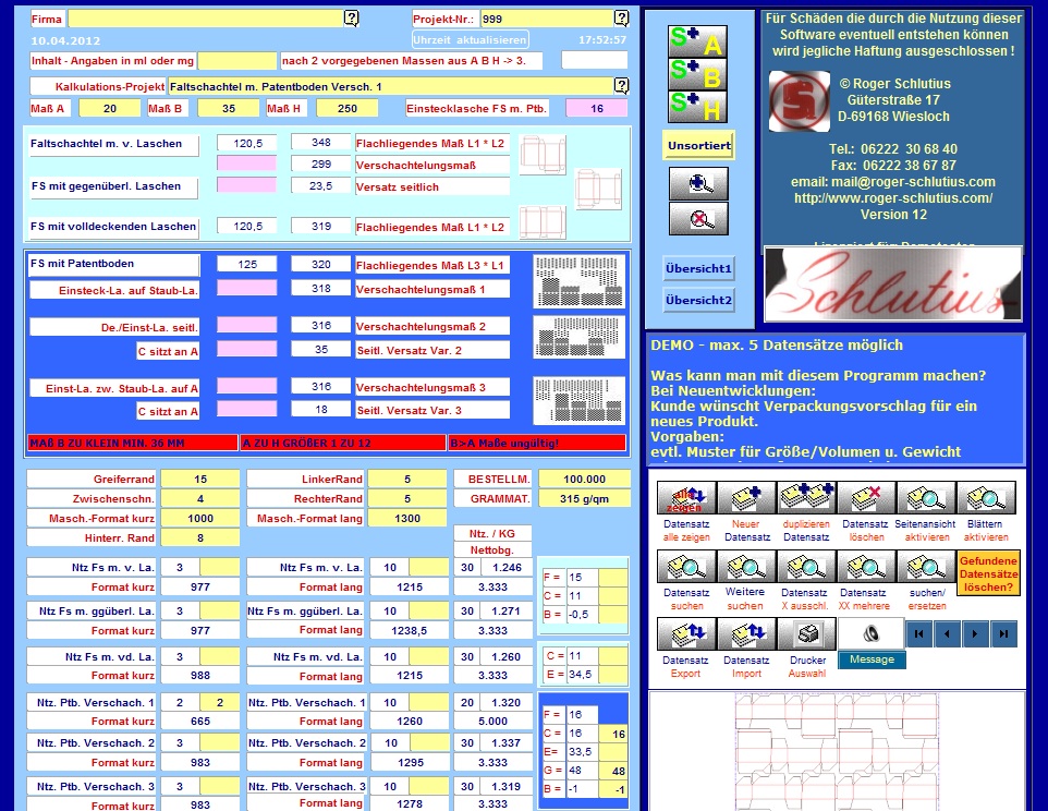 Screenshot vom Programm: Faltschachtel-Optimierung